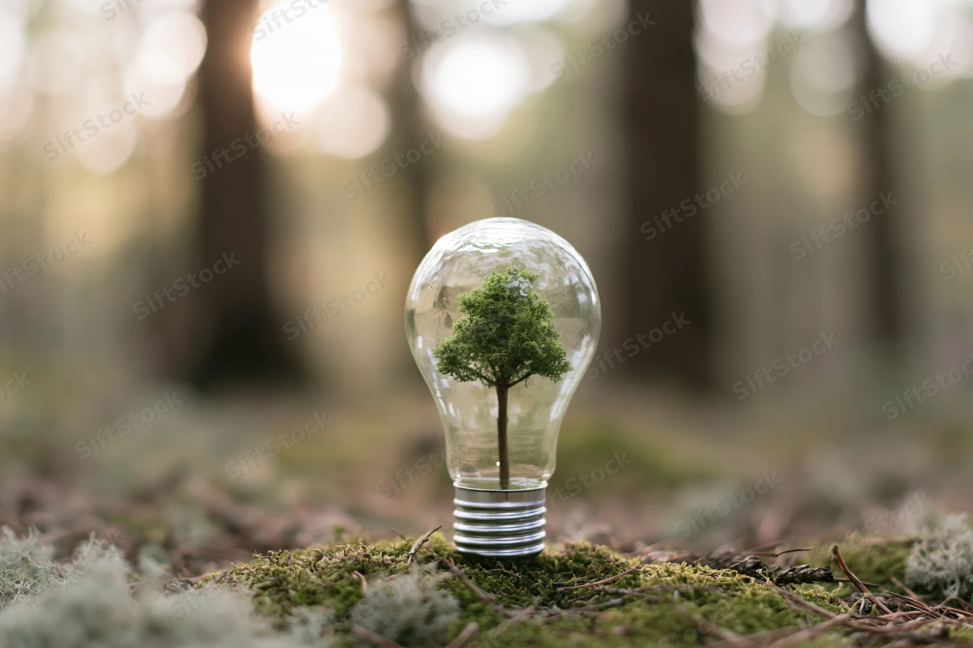 Clear glass lightbulb containing a small tree placed on mossy forest ground