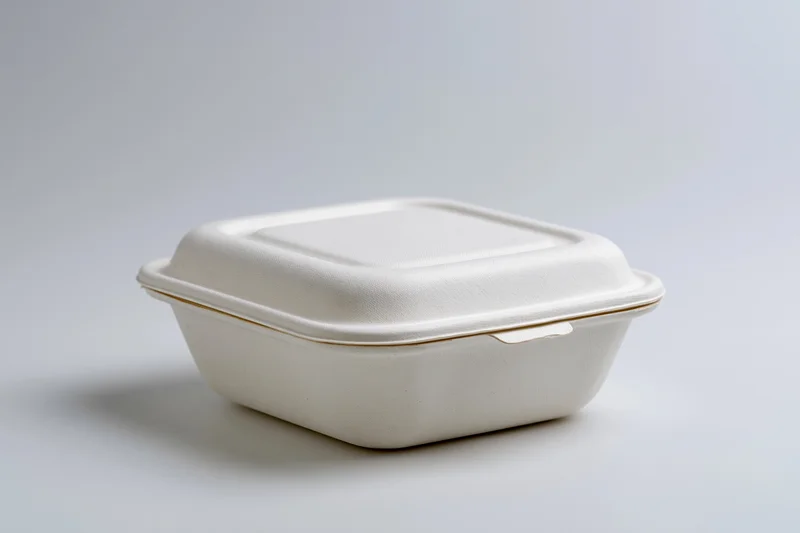 Closed white molded pulp clamshell food container on plain white surface