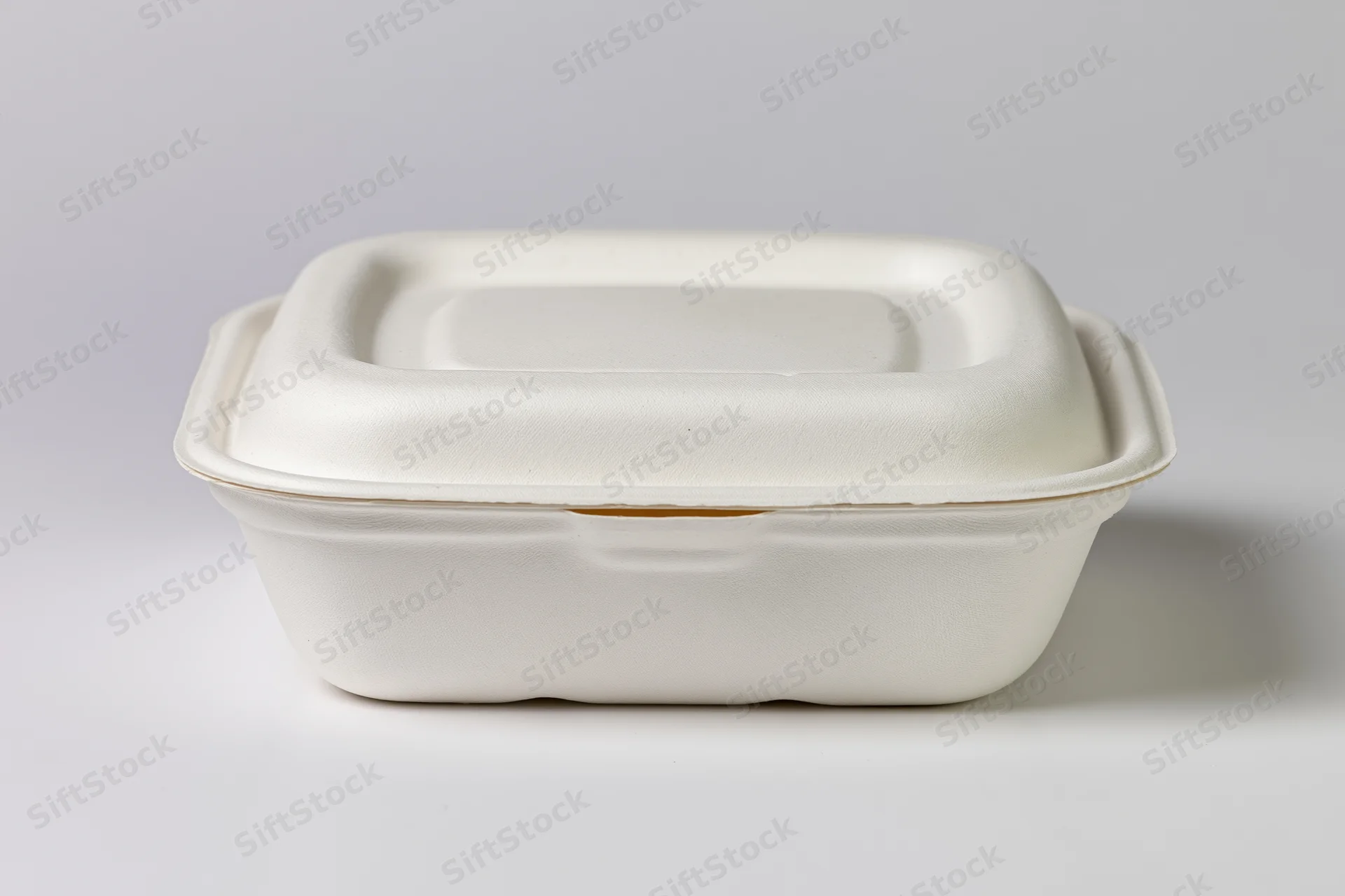 Closed white molded pulp clamshell food container sitting on plain white surface