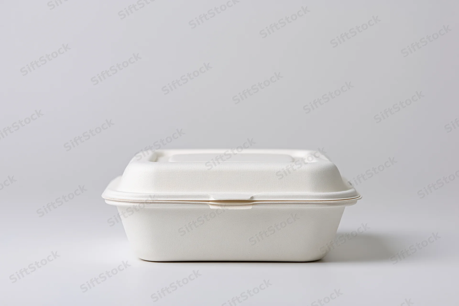 Closed white molded pulp clamshell food container on plain white surface