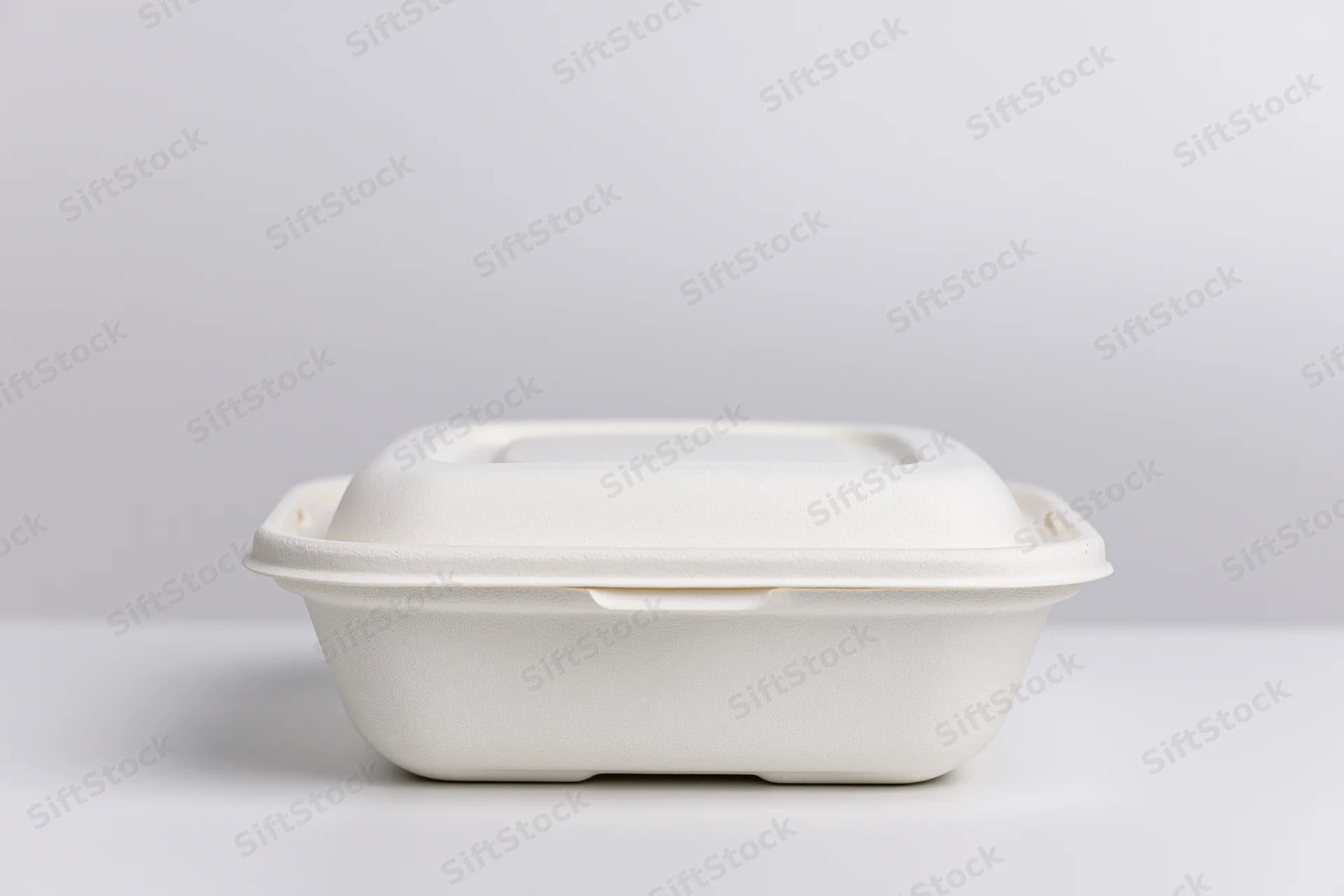 Closed white molded pulp clamshell food container on a plain white surface