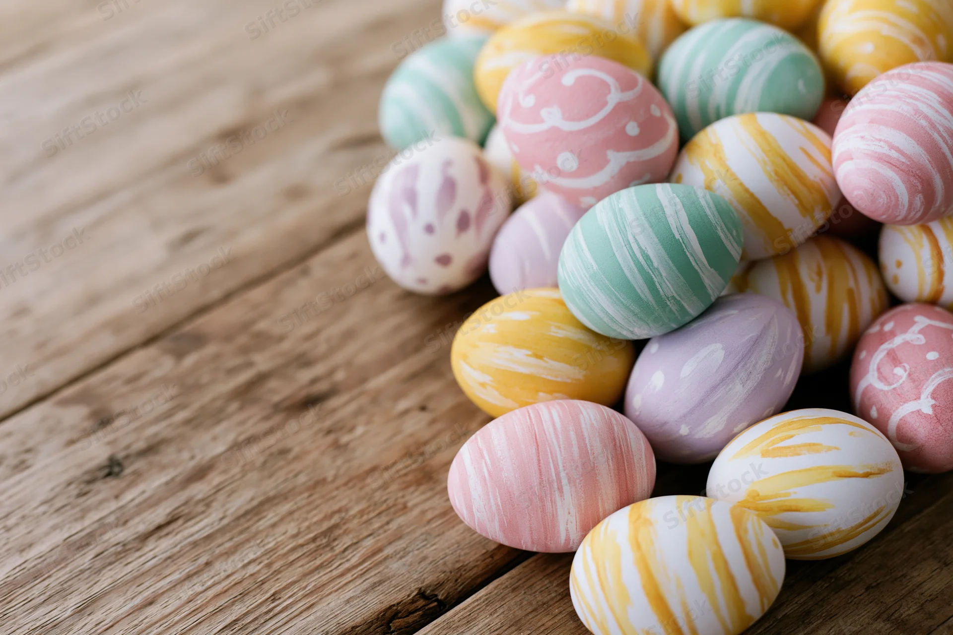 Hand-painted easter eggs piled on a rustic wooden surface with copyspace on the left