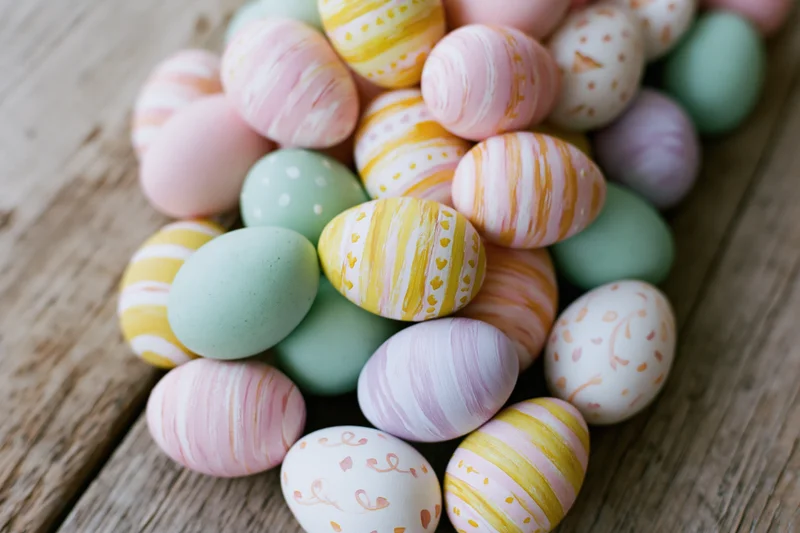 Hand-painted easter eggs piled on a wooden surface with pastel colors and patterns, arranged in a cluster along the right side