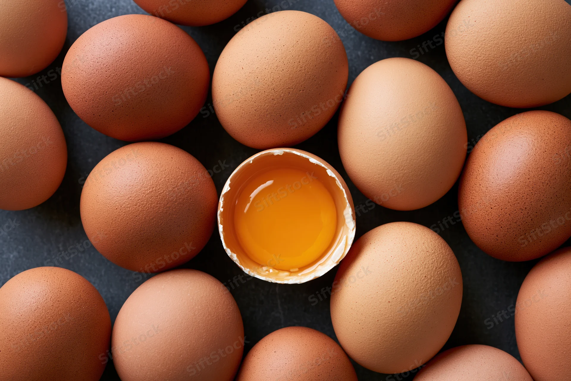 Brown chicken eggs arranged in a circle with one cracked open to reveal yolk in center on dark surface