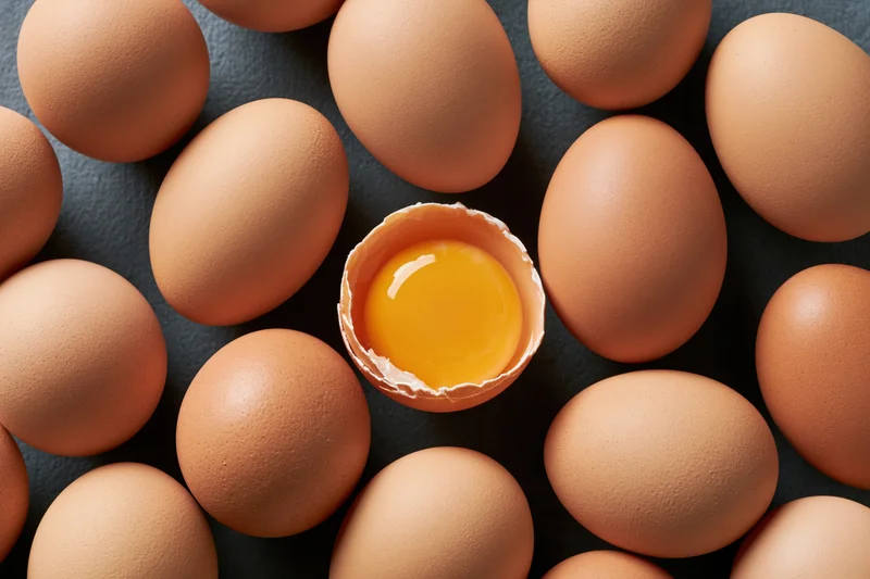 Brown chicken eggs arranged in circle with one broken open showing yolk in center on dark surface