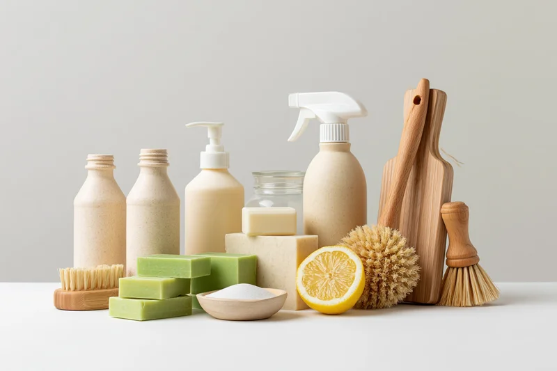 Eco-friendly cleaning products arranged on a white surface with wooden brushes, soap bars, and lemon slices