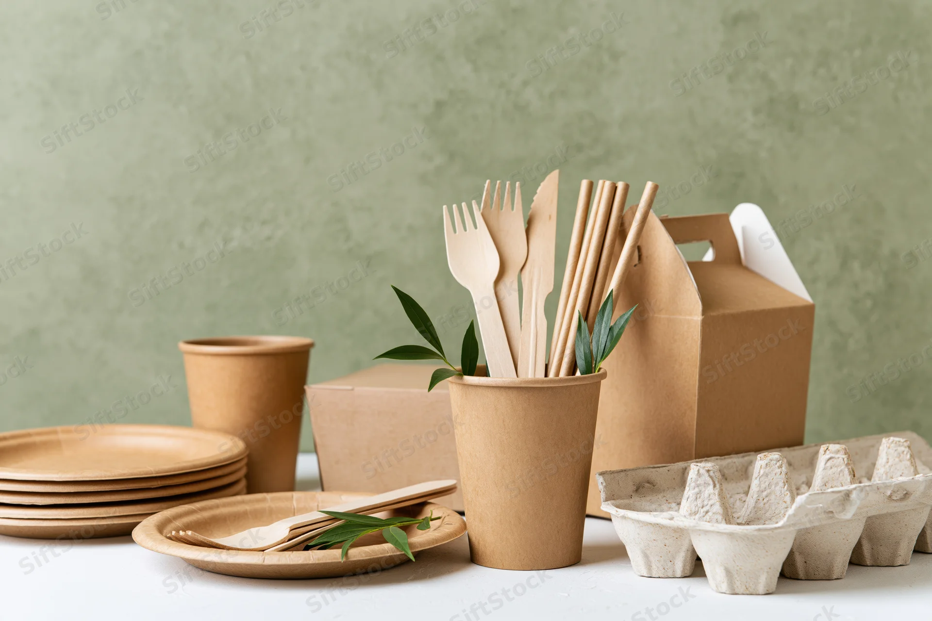 Eco-friendly disposable tableware arranged on a white surface with green leaves and cardboard containers