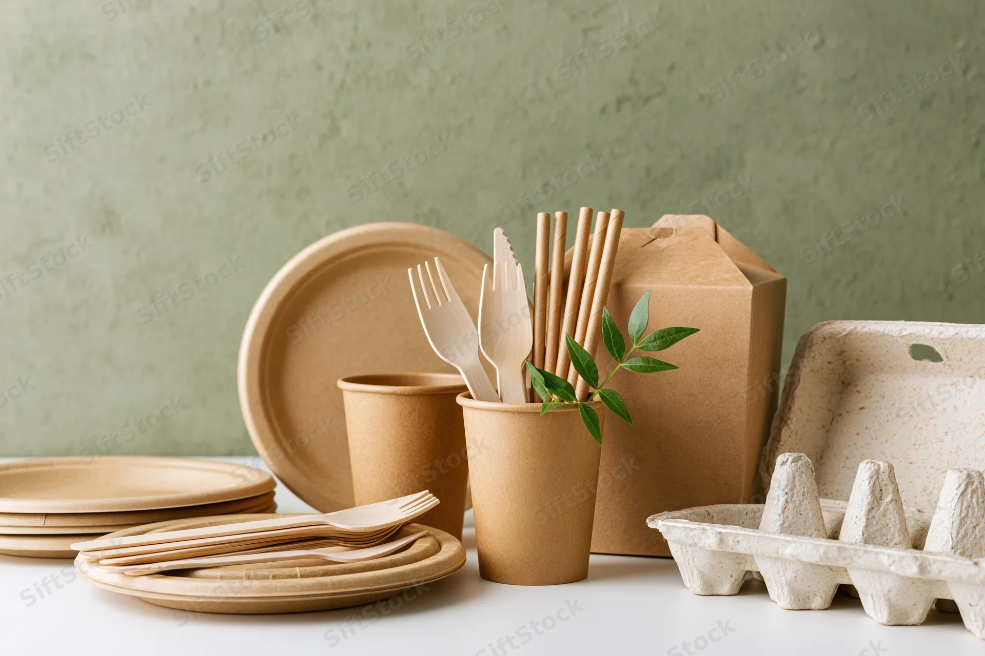 Eco-friendly disposable tableware arranged on a white surface with green leaf accent