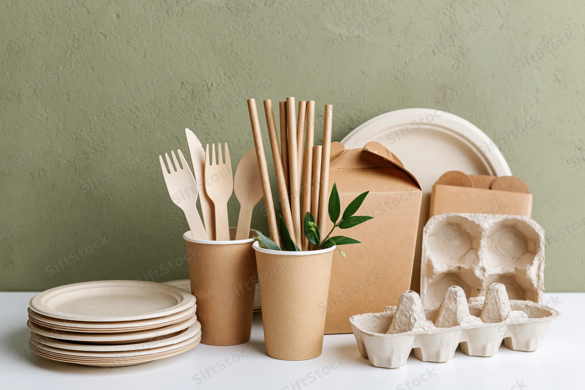 Eco-friendly disposable tableware arranged on a white surface with green foliage accents