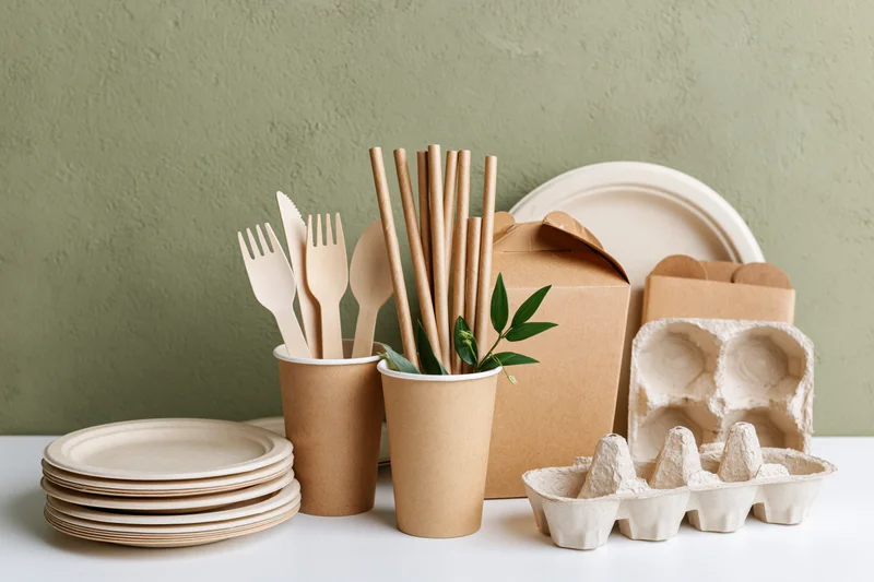 Eco-friendly disposable tableware arranged on a white surface with green foliage accents