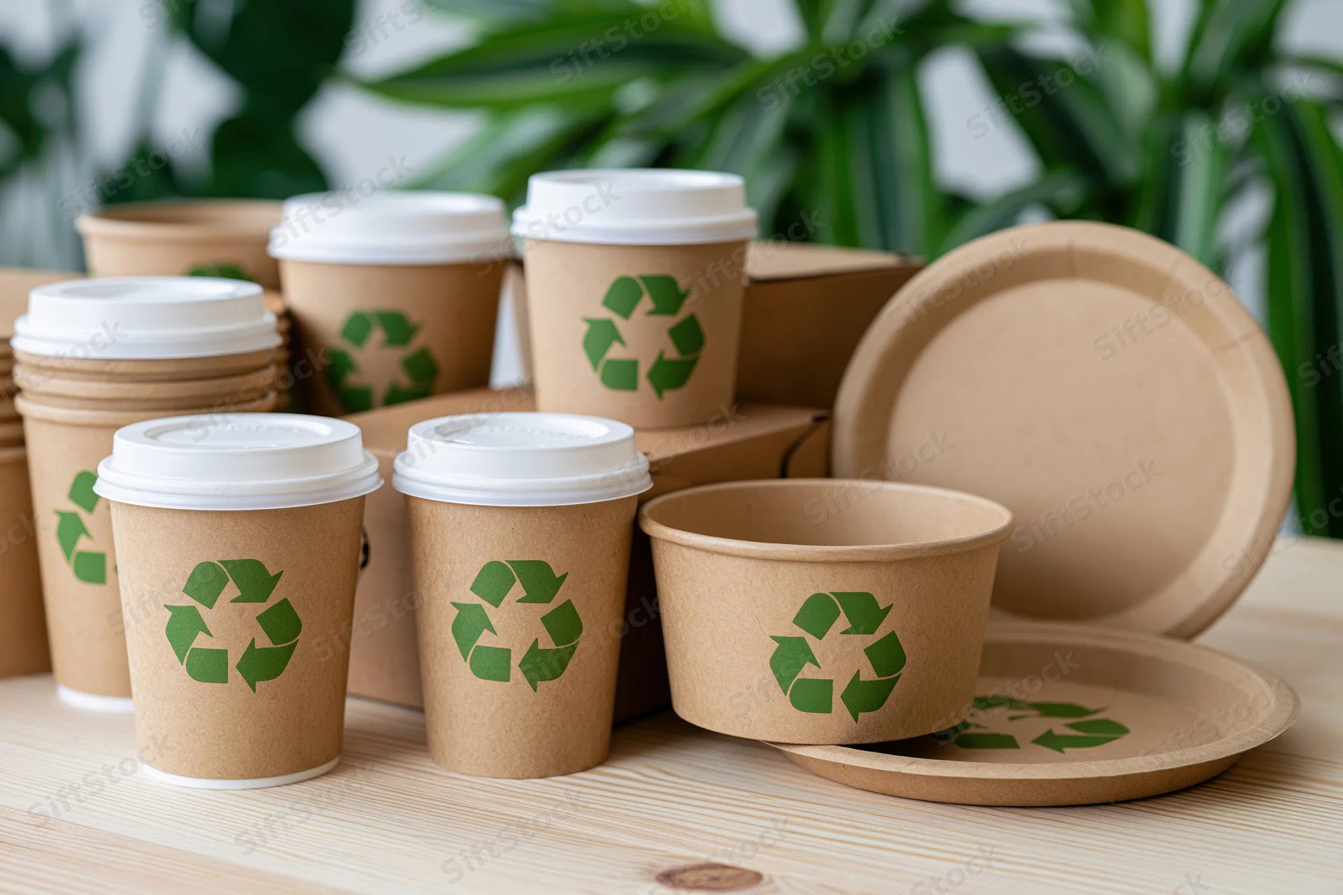 Kraft paper disposable coffee cups and food containers arranged on a wooden table with green foliage in the background