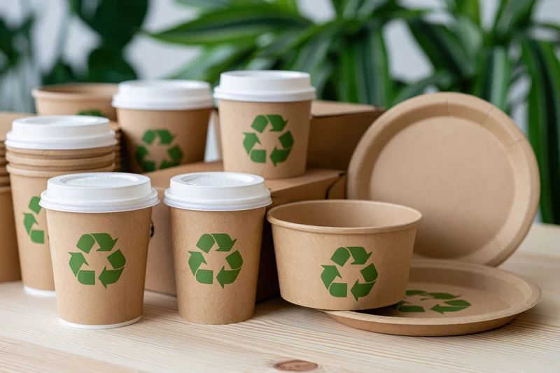 Kraft paper disposable coffee cups and food containers arranged on a wooden table with green foliage in the background