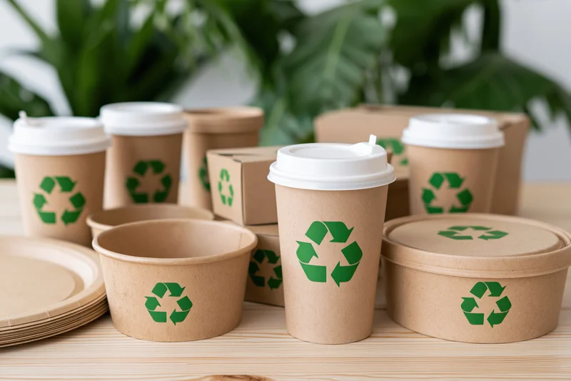 Kraft paper disposable coffee cups and food containers arranged on a wooden table with green recycling symbols and blurred foliage in the background