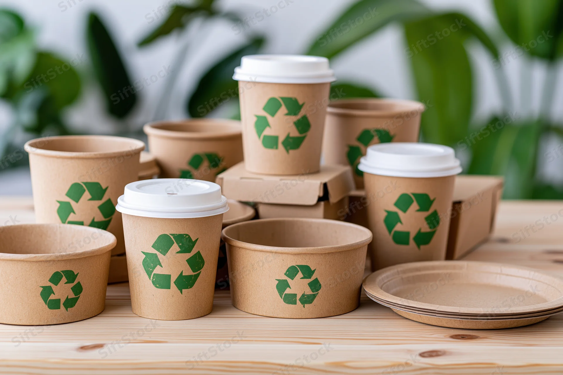 Kraft paper coffee cups and plates with recycling symbols arranged on a wooden table with green plants in the background