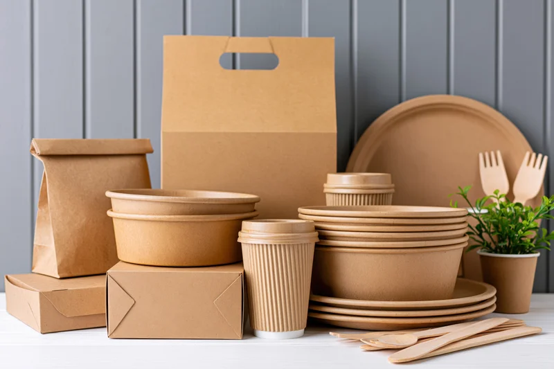 Kraft paper eco-friendly food packaging arranged on a white surface with green plant and wooden cutlery