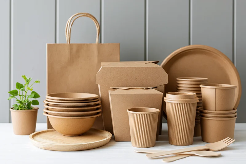 Eco-friendly kraft paper food packaging arranged on a white surface with a small potted plant and wooden tray