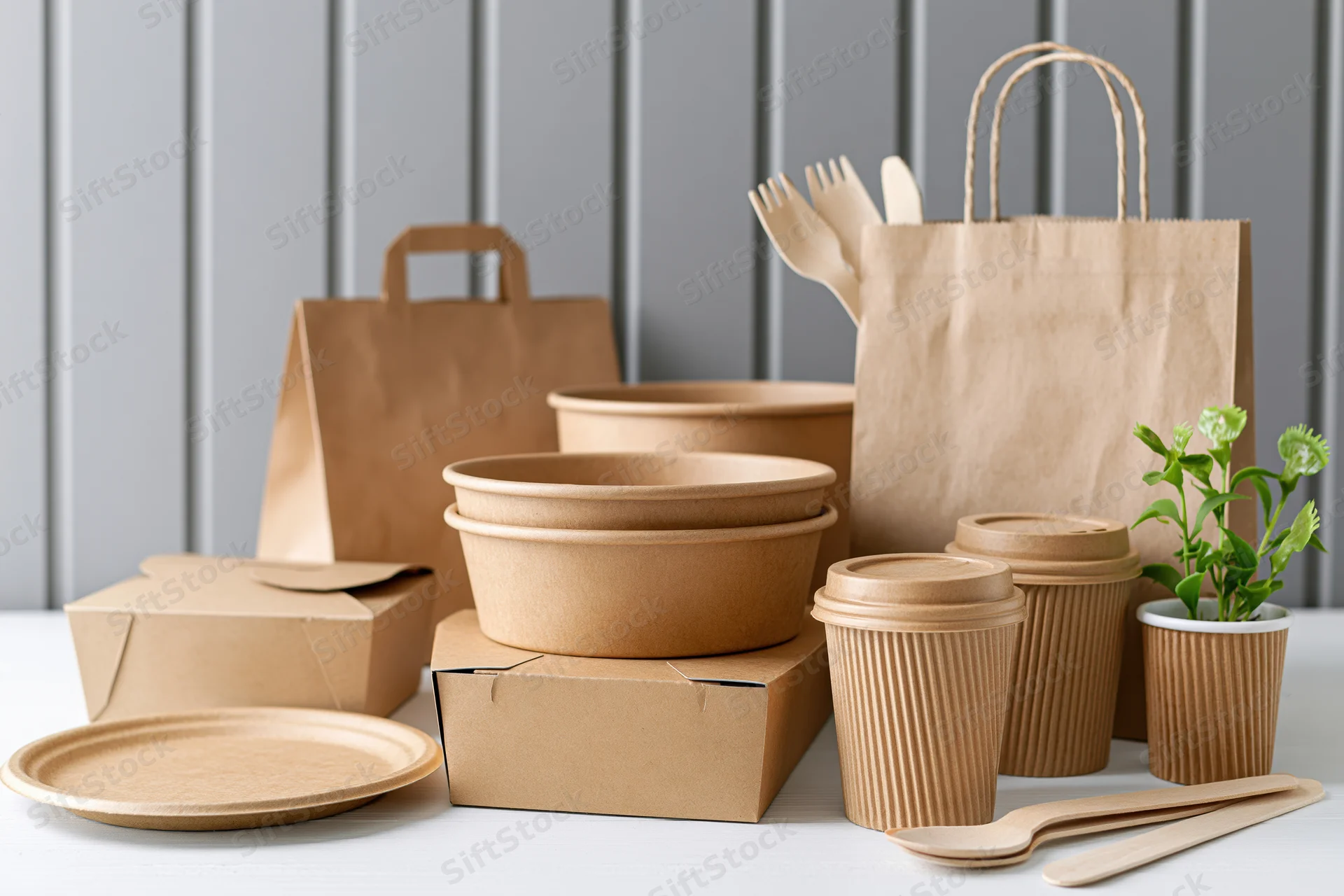 Kraft paper food packaging arranged on a white surface with plant and utensils