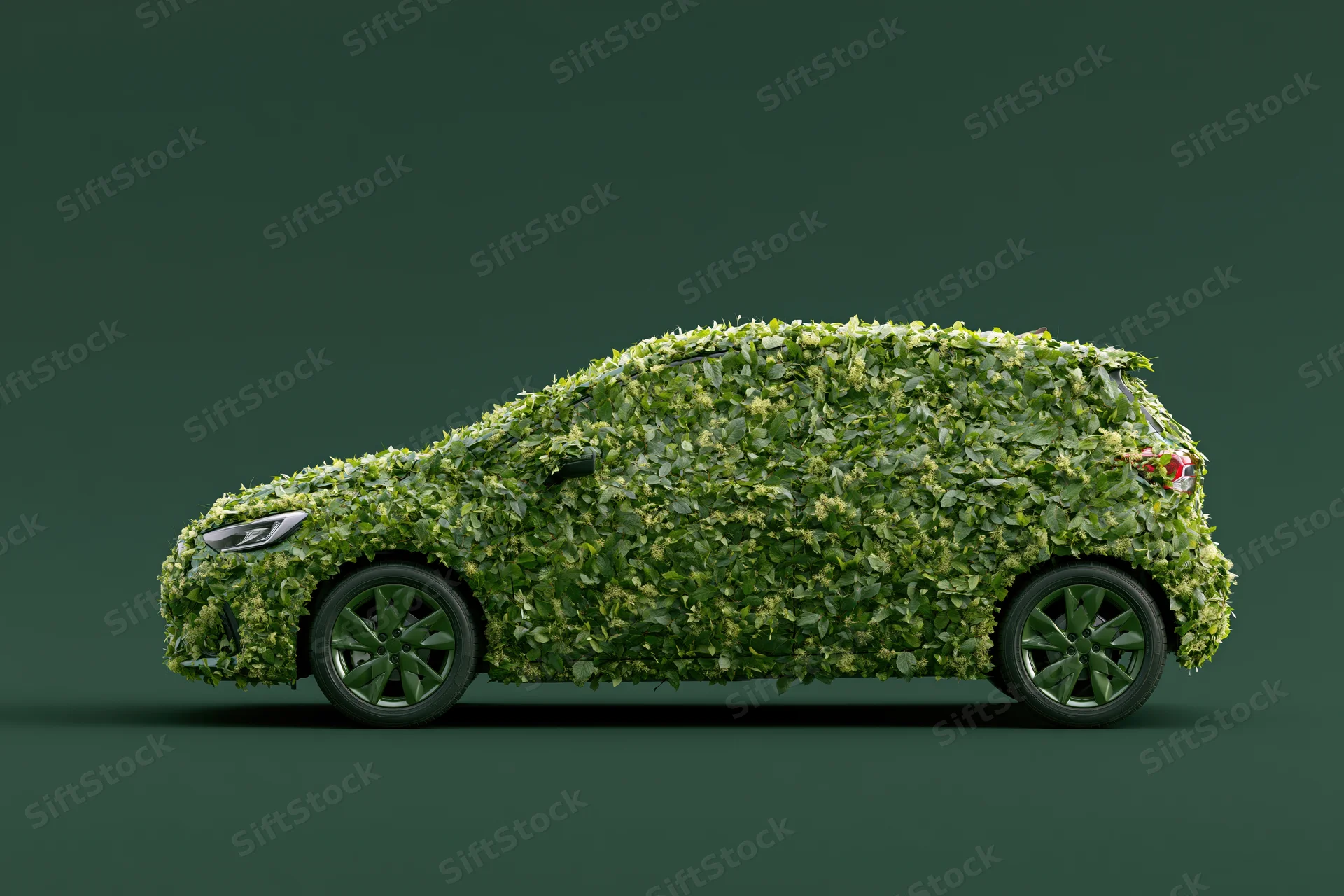 Compact hatchback covered in dense green foliage against dark background