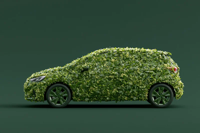Compact hatchback covered in dense green foliage against dark background