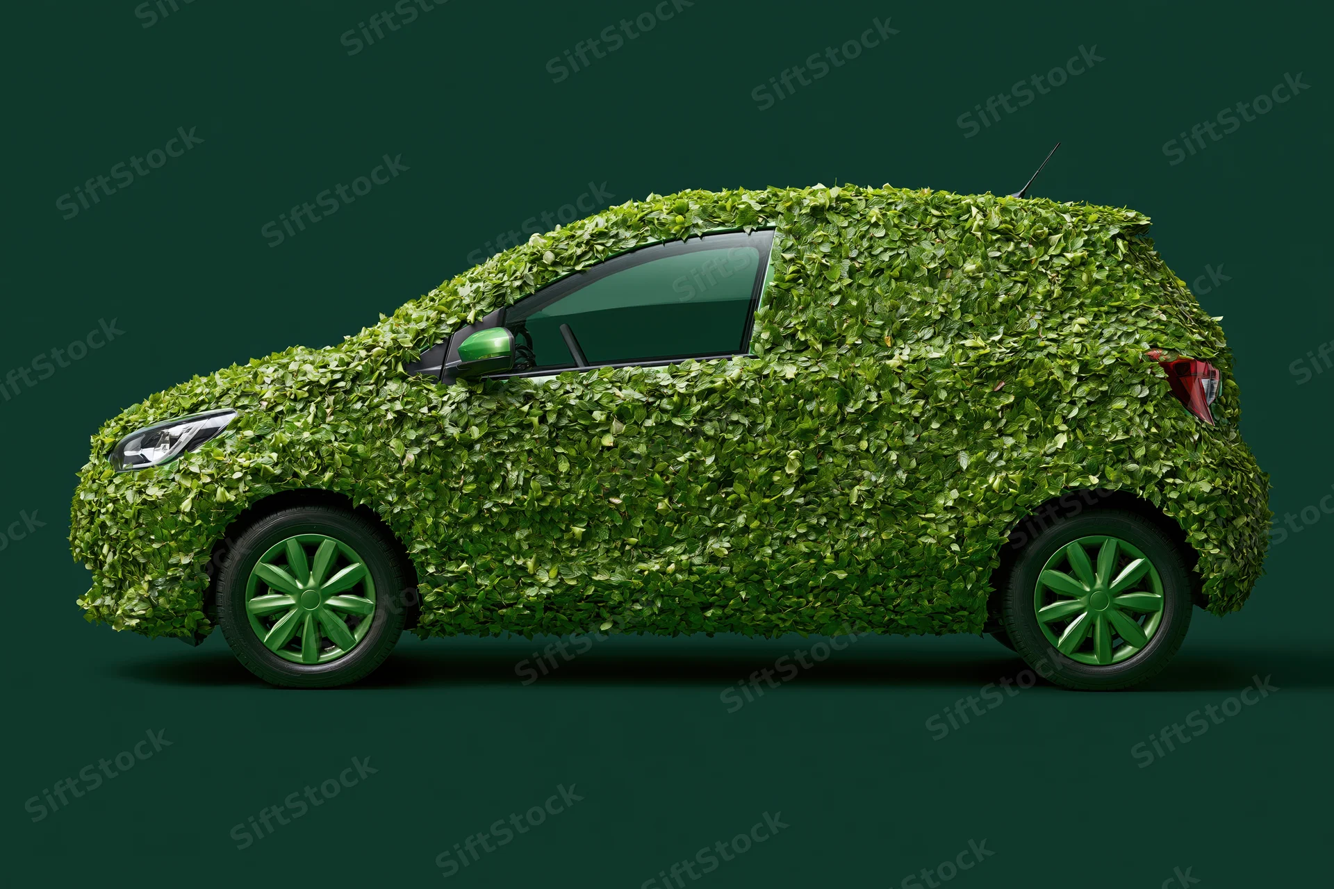 Compact hatchback covered in dense green leaves against dark background