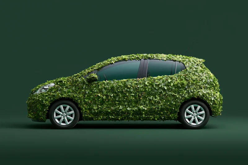 Compact hatchback car covered in dense green foliage against dark green background
