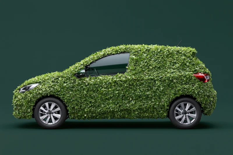 Compact hatchback covered in dense green foliage against dark green background