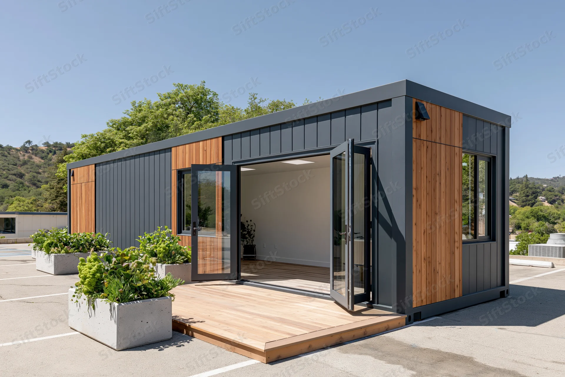 Compact modular container home with open glass doors and wooden deck in a parking lot