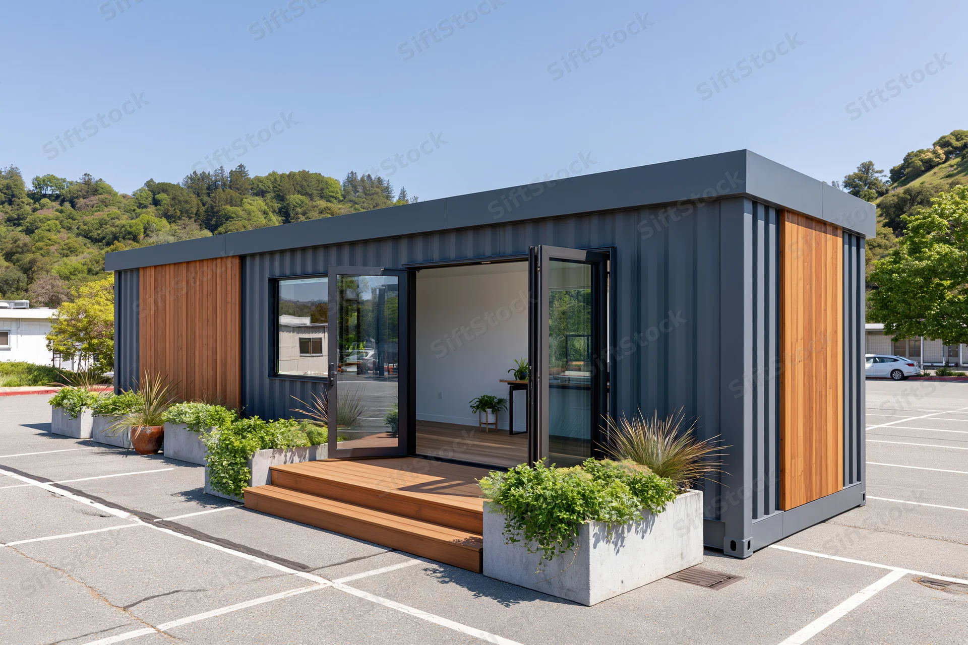 Modular container home with open glass doors and wooden steps in a parking lot surrounded by greenery and hills