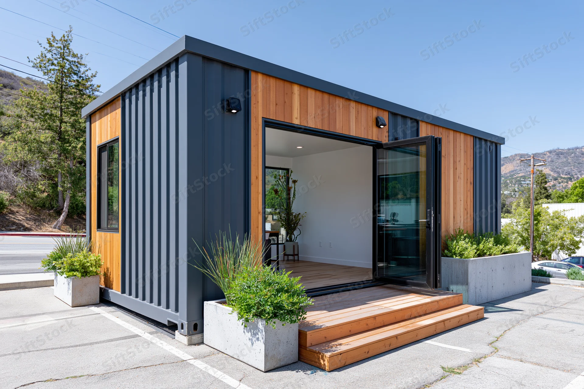 Modular container home with open glass door and wooden steps leading to a paved lot surrounded by greenery and hills