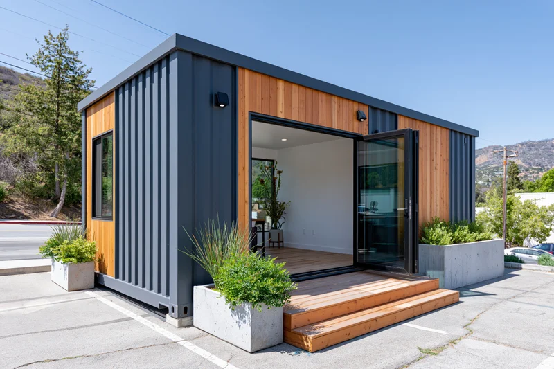 Modular container home with open glass door and wooden steps leading to a paved lot surrounded by greenery and hills