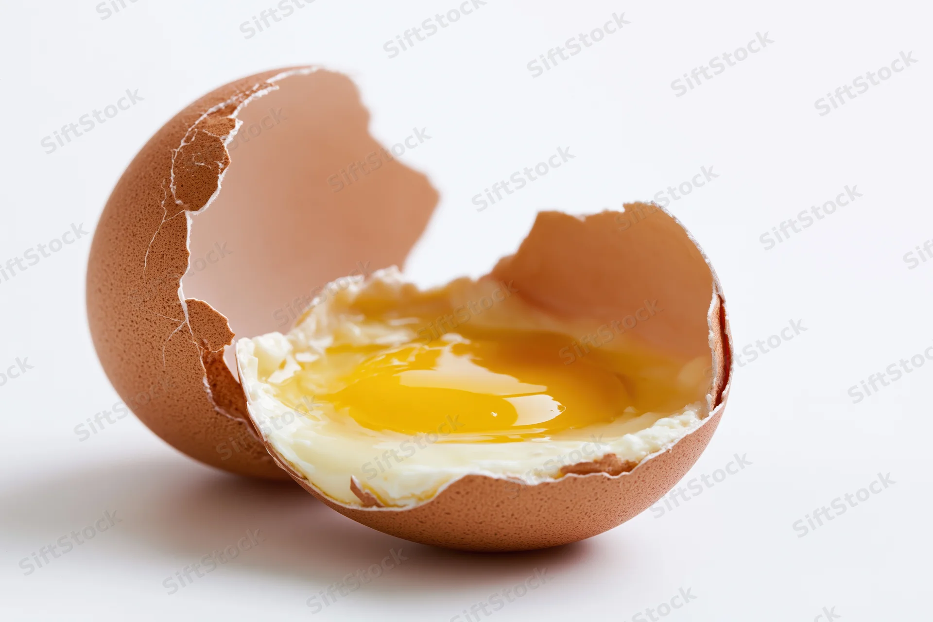 Cracked brown chicken egg split into two shell halves revealing yolk and white on white background