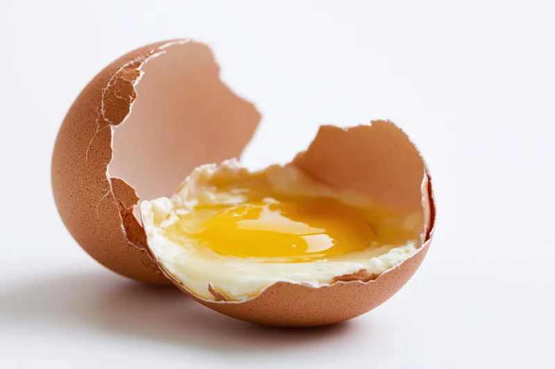 Cracked brown chicken egg split into two shell halves revealing yolk and white on white background