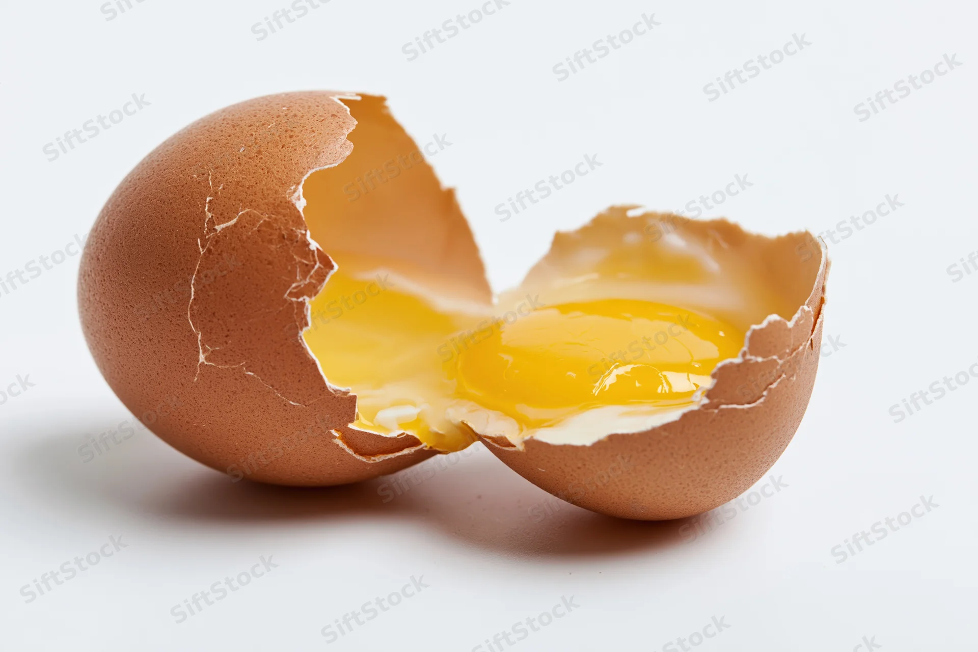 Cracked brown chicken egg split into two shell halves revealing yolk and white on white background