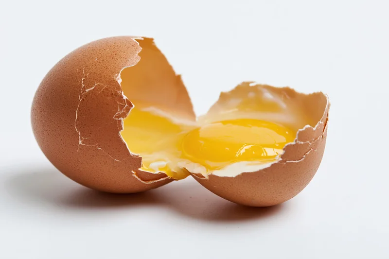 Cracked brown chicken egg split into two shell halves revealing yolk and white on white background