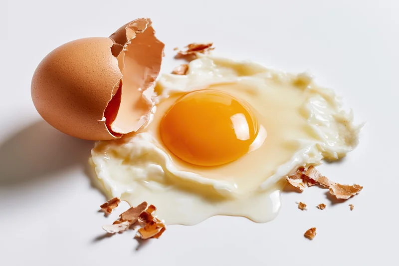 Cracked raw egg with shell fragments on white surface