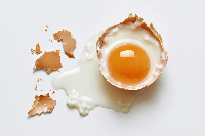 Cracked raw egg with yolk and white spilling onto white surface