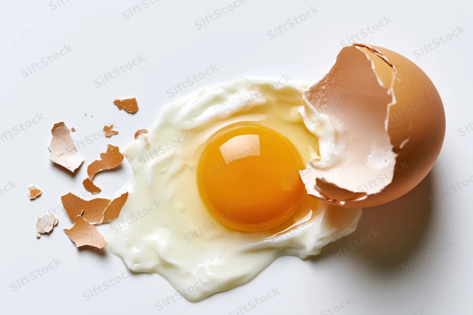 Cracked raw egg with yolk and white spilled on white surface, shell fragments scattered nearby