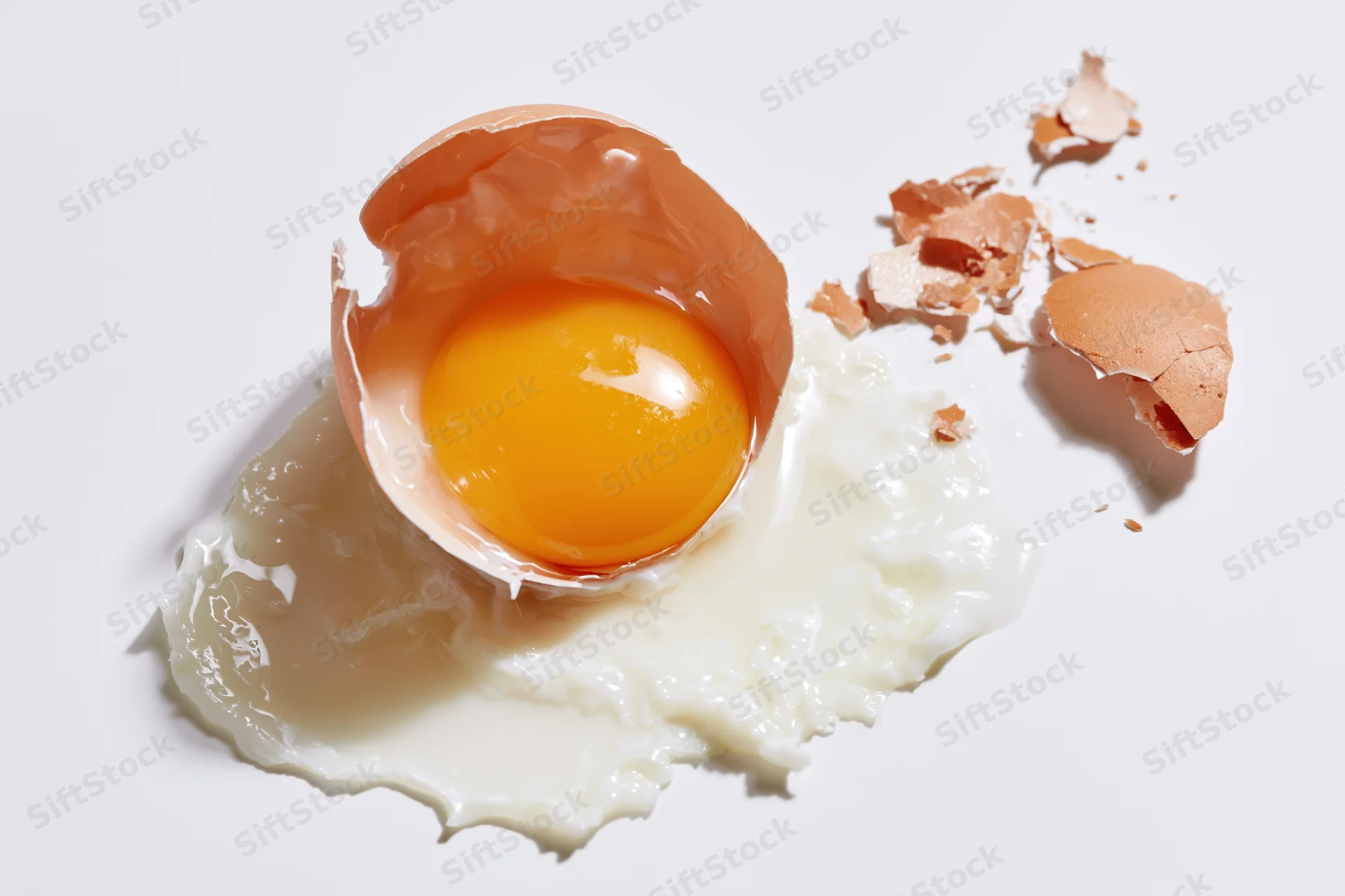 Cracked raw egg with yolk and white spilled on white surface