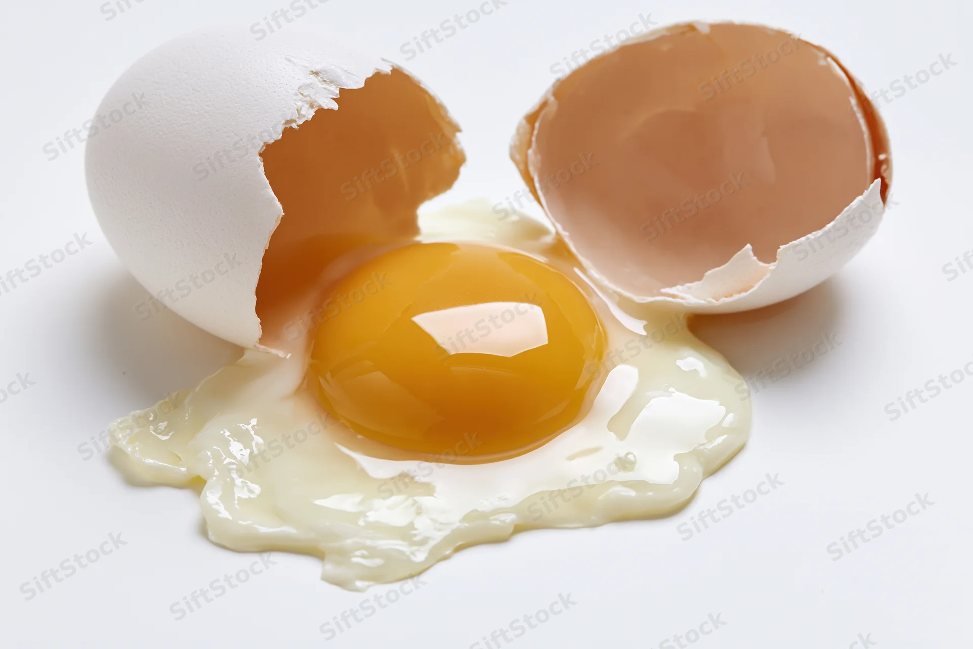 Cracked raw egg split open on pure white surface with yolk and white spilled out