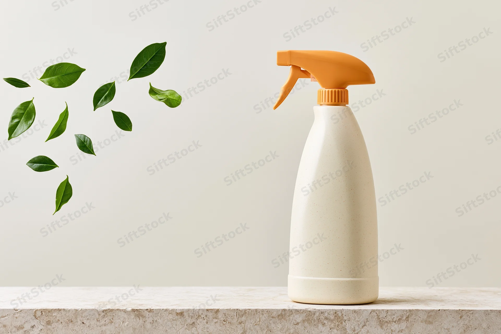 Cream-colored plastic spray bottle with orange trigger on stone countertop, floating green leaves nearby