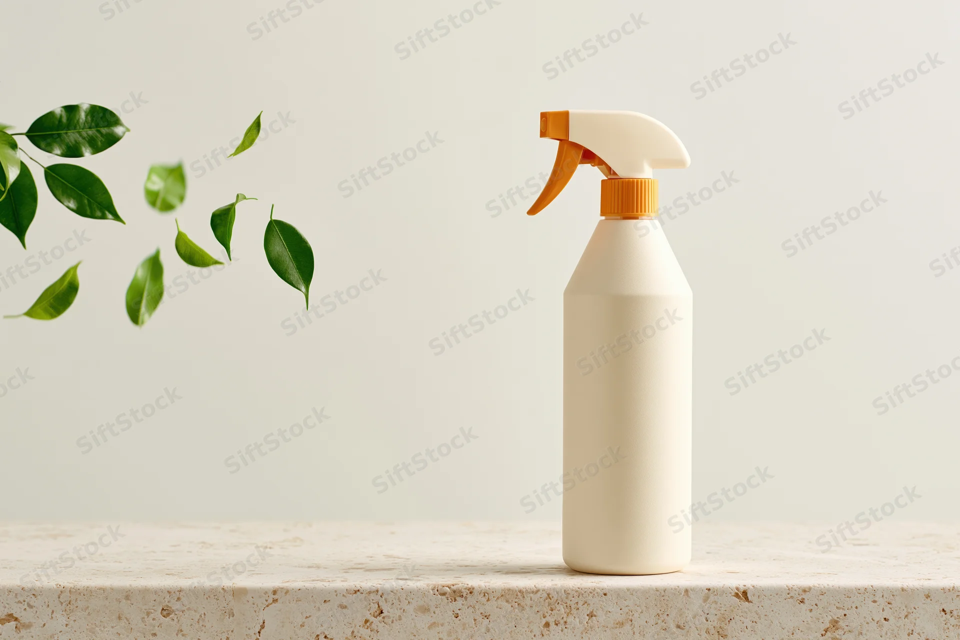 Cream-colored plastic spray bottle with orange trigger on marble countertop beside floating green leaves