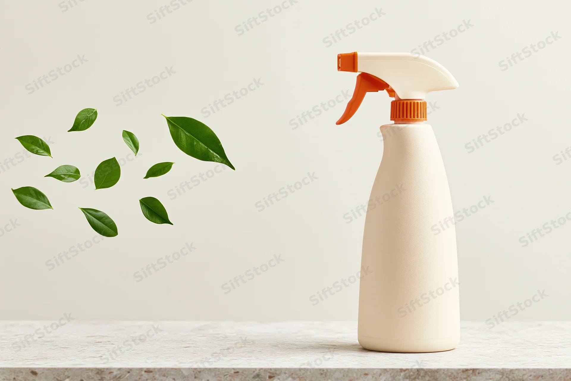 Cream-colored plastic spray bottle with orange trigger on marble countertop, surrounded by floating green leaves
