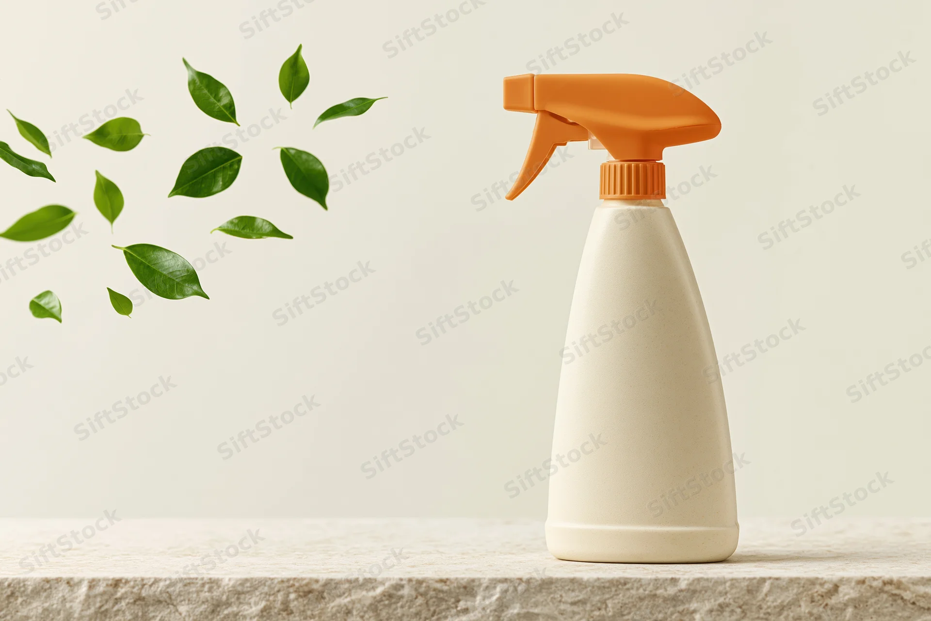 Cream-colored plastic spray bottle with orange trigger on stone countertop, green leaves floating nearby