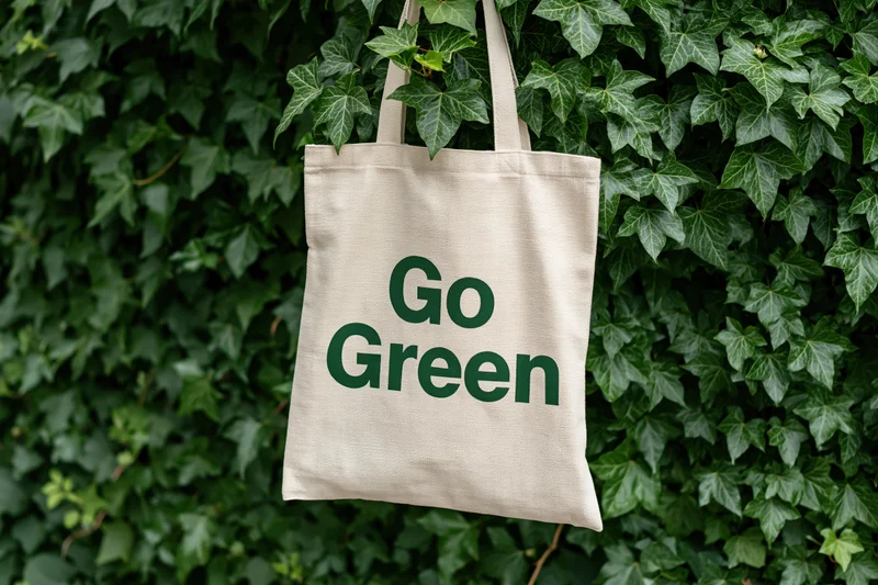 Cream canvas tote bag with bold dark green text reading Go Green hanging on a wall covered in ivy foliage