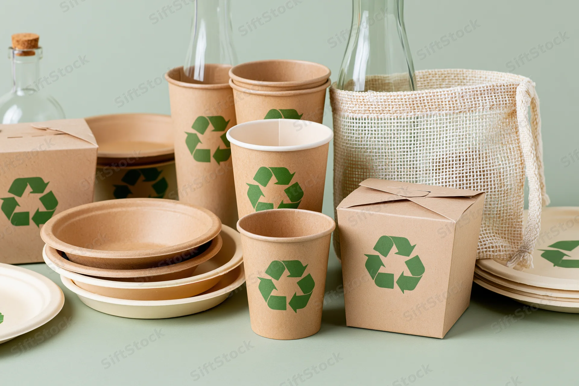 Flat arrangement of eco-friendly packaging items including paper cups, plates, boxes, and glass bottles on a light surface