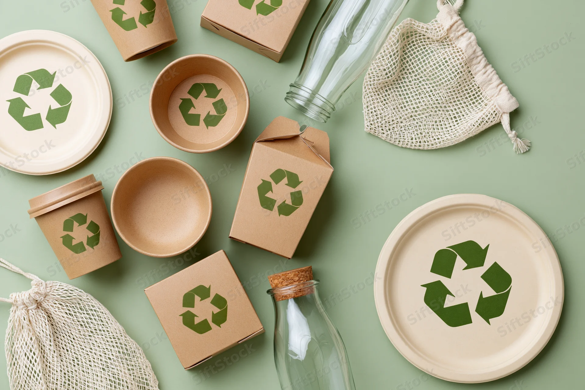 Eco-friendly packaging items arranged flat on green surface
