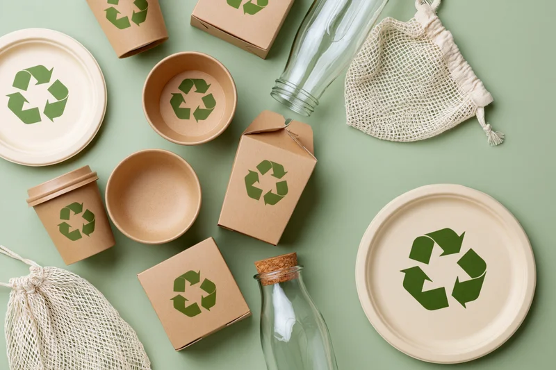 Eco-friendly packaging items arranged flat on green surface