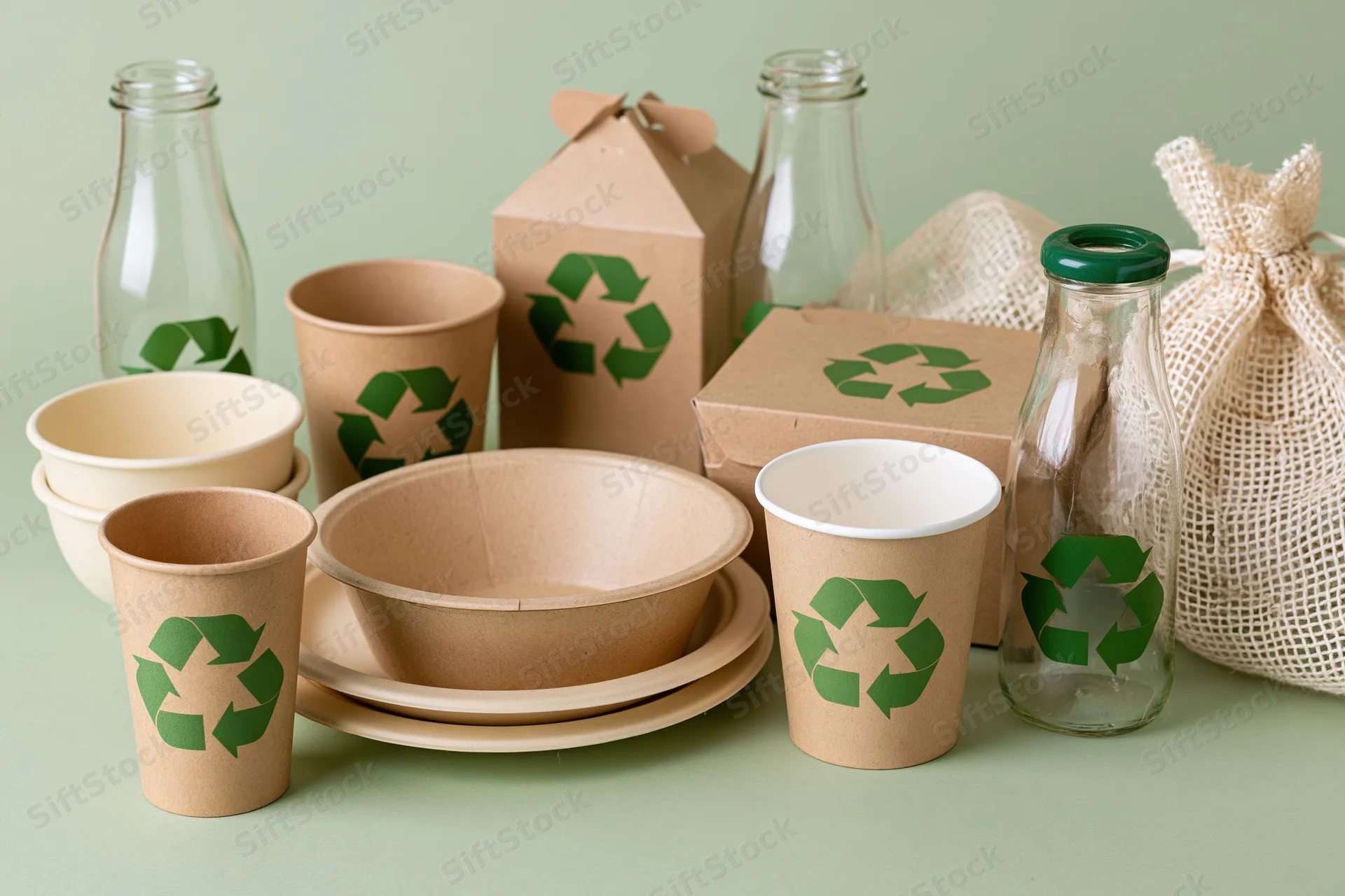 Flat arrangement of eco-friendly packaging items including glass bottles, paper cups, bowls, plates, cardboard boxes, and a jute bag on a light green surface