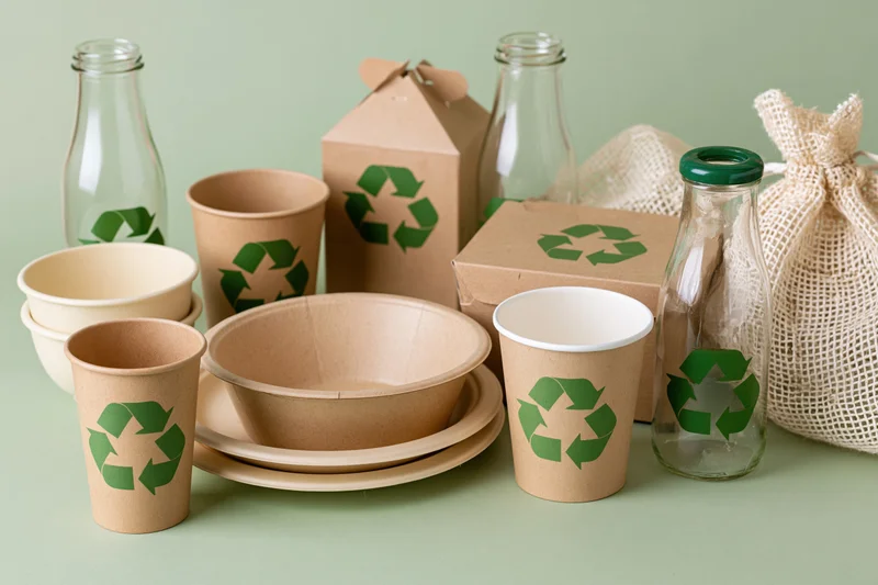 Flat arrangement of eco-friendly packaging items including glass bottles, paper cups, bowls, plates, cardboard boxes, and a jute bag on a light green surface