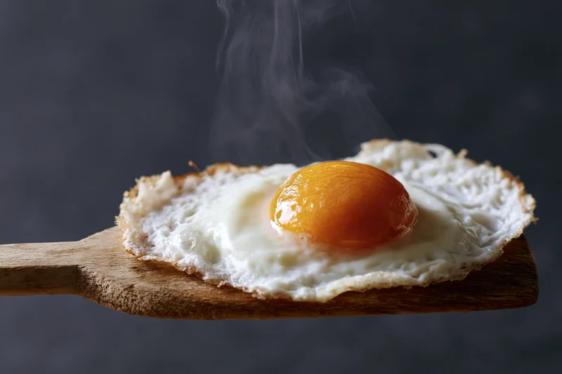 Fried sunny-side-up egg with steaming yolk resting on a worn wooden spatula against dark background